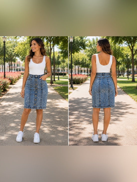 Marilyn Monroe Dresses & Skirts - Marilyn Monroe Button Front Denim Pencil Skirt XS Acid Wash Stretch